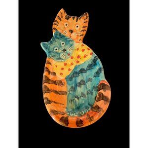 Vintage Pair of Cats Red ware Ceramic Dish Wall Art Hand painted 9.5" x 5" Italy
